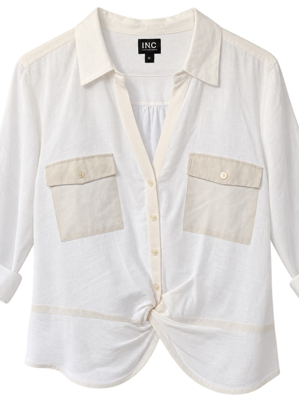 INC International Concepts White Button-Front Shirt with Cream Contrast Pockets
